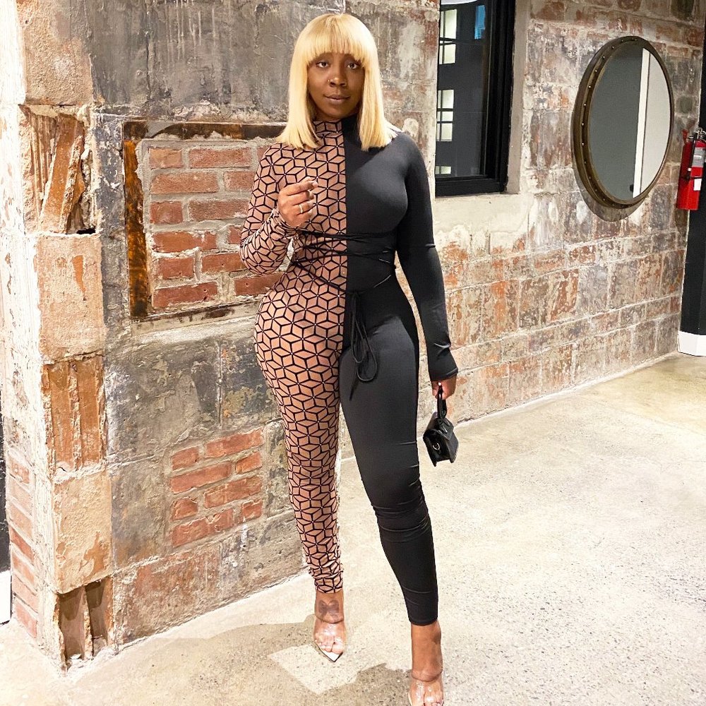 Half N Half Diamond Jumpsuit in Nude